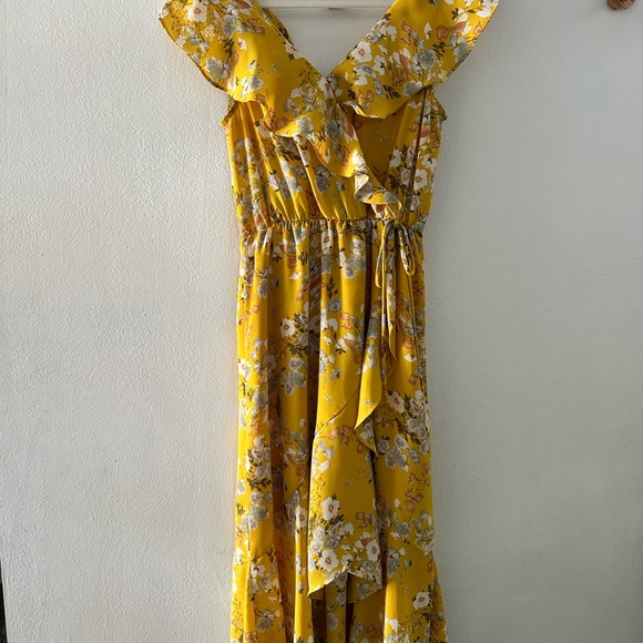 Socialite Mustard Floral Asymmetrical Dress - Picture 1 of 6